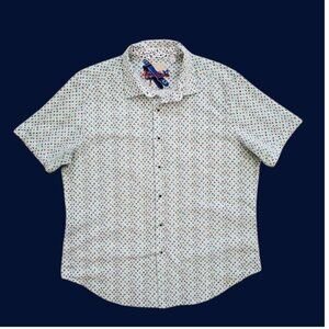 Robert Graham Short Sleeve White Cotton Button Down Airplane Print Shirt Size 2X